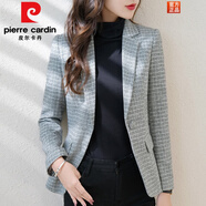 皮爾卡丹（pierre cardin）休閑格子小西裝外套女春秋季款修身收腰韓版短款呢子西服長(cháng)袖上衣 單件煙灰色格小西裝 L