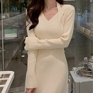 瑜尚臻品針織連衣裙女秋冬掛脖V領(lǐng)修身收腰顯瘦內搭打底配大衣包臀長(cháng)裙 【杏色】 S（65-85斤）