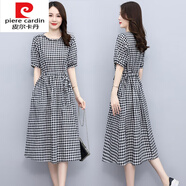 皮爾卡丹（pierre cardin）針織中長(cháng)款格子連衣裙女2025年夏季新款休閑收腰氣質(zhì)亞麻裙子 黑白格 2XL
