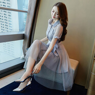 miss nitaly條紋雪紡連衣裙仙女襯衫裙夏修身顯瘦韓版溫柔收腰裙子干練職場 灰色 M
