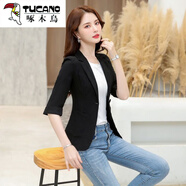 啄木鳥（TUCANO）亞麻小西裝女外套薄款2025夏大碼棉麻西服韓版防曬休閑英倫風(fēng)女 黑色 4XL
