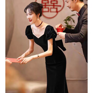諾麗緹魚尾酒紅色敬酒服晚禮服女新娘修身氣質(zhì)2025新款宴會輕奢長款絲絨 黑色長款 M