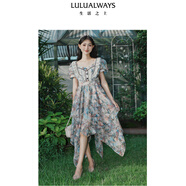 LULUALWAYS【商場(chǎng)同款】24秋季新款不規(guī)則裙擺仙女裙長(zhǎng)款連衣裙 藍(lán)色 M
