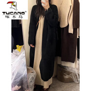 啄木鳥(niǎo)（TUCANO）羊毛針織開(kāi)衫女韓系慵懶風(fēng)中長(cháng)款毛衣外套女秋冬大碼胖mm韓版上衣 黑色 收藏加購極速發(fā)貨 M 【100-110斤】