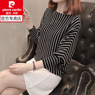 皮爾卡丹輕奢時尚女裝秋季女裝2025蝙蝠袖針織衫長袖女新款韓版寬松豎條短 黑色 均碼