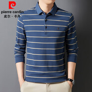 皮爾卡丹（pierre cardin）高檔棉t恤男長袖春秋季新款商務翻領polo衫中青年薄款條紋體恤衫