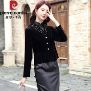 皮爾卡丹（pierre cardin）旗袍外搭開(kāi)衫春秋款2025年新款金絲絨小披肩女高貴短款小西裝外套 黑色 L