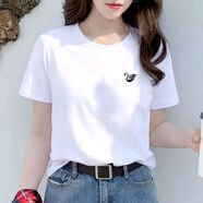 王熙麥短袖t恤女2023夏季新款寬松韓版女裝百搭休閑圓領(lǐng)純棉短袖打底衫 白色圓領(lǐng)短袖：小天鵝 M 95-110斤
