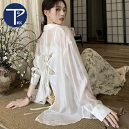 PMOG設(shè)計(jì)感后背鏤空系帶襯衫女2024新款夏季薄款中長(zhǎng)款外套寬松上衣女 白色 M 100-110斤