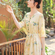 棉麻連衣裙夏天薄款五分袖印花棉麻連衣裙女春夏款2022年新款收腰氣質(zhì)優(yōu)雅長(zhǎng)裙子 杏色 2XL 145-155斤