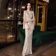 諾麗緹宴會晚禮服裙女2025新款氣質(zhì)長袖年會主持人長款魚尾輕奢小眾高端 香檳色長款 L