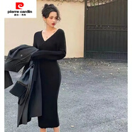 皮爾卡丹（pierre cardin）新款秋冬修身連衣裙氣質(zhì)叉領(lǐng)針織毛衣裙法式收腰顯瘦包臀裙女 黑色 4XL 160斤以上
