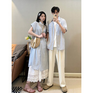浣卿袖情侶衣服 情侶一套一整套情侶裝夏季條紋短袖襯衫韓系慵懶風(fēng)寬松 男藍(lán)色條紋襯衫 XL