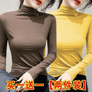 純子兮品半高領(lǐng)打底衫女2024新款秋冬韓版修身內(nèi)搭顯瘦長袖t恤女打底上衣 咖啡+黃色  M建議95-105斤