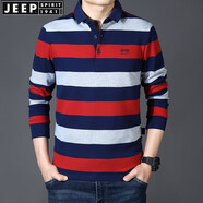 JEEP SPIRIT吉普休閑純棉翻領(lǐng)條紋長袖t恤男春秋珠地商務(wù)體恤衫繡標(biāo)大碼上衣 紅色8031款 XL (180) /96A建議145-155斤