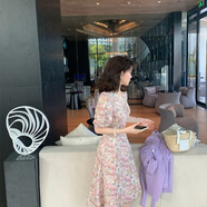 Radinka2025夏季新款氣質(zhì)系帶蝴蝶結收腰連衣裙女A字裙子潮XMM 碎花雪紡粉色雛菊 S
