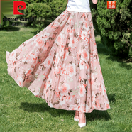 皮爾卡丹（pierre cardin）波西米亞半身裙女夏季顯瘦百搭高腰雪紡碎花松緊腰大擺仙長(zhǎng)裙子 粉底大花 XL