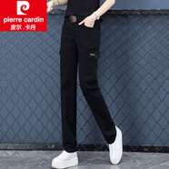 皮爾卡丹（pierre cardin）工裝褲女春秋軍綠褲休閑褲女長(cháng)褲小腳褲高腰顯瘦黑色迷彩褲子女裝 黑色褲子 M 90到99斤