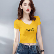 德朔露臍短袖t恤女短款T恤短袖修身V領韓版百搭高腰漏肚臍緊身上衣女 姜黃色 L