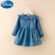 迪士尼（Disney）女童春秋款牛仔連衣裙韓版卡通洋氣兒童開(kāi)衫女寶寶可愛(ài)單穿外套 藍色長(cháng)袖 90 (建議80CM左右身高)