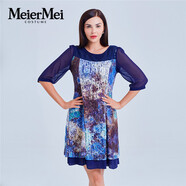MeierMei玫而美連衣裙女圓領五分袖時尚收身拼接蕾絲春秋半袖連身裙 H30 36