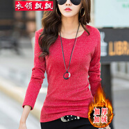 衣領(lǐng)飄飄衣服女裝蕾絲衫純色打底衫內(nèi)搭長(zhǎng)袖加絨t恤秋冬季加厚網(wǎng)紗上衣 紅色加絨 3XL(140-155斤)