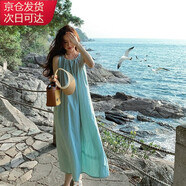 宙馨海邊穿搭度假連衣裙子女裝夏季無袖掛脖吊帶裙沙灘裙仙氣長(zhǎng)裙新 藍(lán)色 均碼