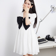 西町村屋（SETIROM）西町村屋連衣裙女2023簡約法式珍珠蝴蝶結(jié)提花拼接裙子AB8501004 白色 S 160/84A
