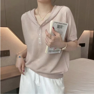 靈動(dòng)的空氣2024新款夏季連帽短袖T恤女寬松半袖帽衫冰絲上衣針織衫薄款衛衣 杏色 均碼 【適合90-130斤】