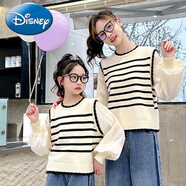 迪士尼親子條紋壓皺雪紡袖套裝2024春季新款洋氣休閑襯衫毛衣牛仔兩件套 L碼適合媽媽體重111到1斤