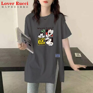 LOVER RUCCI2025年夏季新款純棉簡約短袖上衣女韓版中長款寬松百搭側(cè)開叉t恤 方格米奇-灰色 L 【110-125斤】