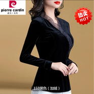 皮爾卡丹（pierre cardin）長(zhǎng)袖v領(lǐng)打底衫女2025春新款金絲絨修身上衣網(wǎng)紗拼接T恤衫時(shí)尚氣質(zhì) 黑色(加絨) XL _建議120-130斤