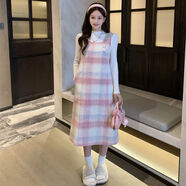 智洲秋裝套裝女2024新款洋氣減齡粉色格子甜美背心連衣裙秋冬韓版寬松 櫻花奶白長裙 S