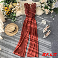 美安嘉連體褲女新款OL女裝心機(jī)鏤空露背無袖蕾絲拼接收腰顯瘦闊腿褲 磚紅色 均碼