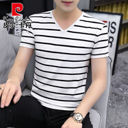 皮爾卡丹（pierre cardin）2025新款夏季黑白橫條紋男士短袖t恤V領(lǐng)純棉雞心領(lǐng)修身半截袖體恤 V*領(lǐng)-白色 【1件】 L 適合【115-130斤】