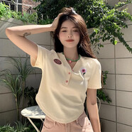 翊尚美短袖t恤女夏季棉質(zhì)短款正肩翻領(lǐng)polo衫女裝新款甜辣風(fēng)修身上衣 8333杏色V領(lǐng)【棉質(zhì)薄款】 M 【適合95-105斤】
