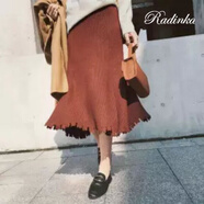 Radinka 2025秋冬新款針織毛線(xiàn)a字裙中長(cháng)裙修身顯瘦遮臀大擺裙針織半身裙 焦糖色 M