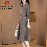 皮爾卡丹高檔品牌女裝高端氣質(zhì)名媛小個(gè)子加厚毛呢打底連衣裙子秋冬天高貴夫人洋氣顯瘦 深灰色 L 【適合106-115斤】