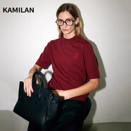 卡米蘭（kamilan）法式繡花短款毛衣女2025春新款氣質百搭短袖羊毛針織衫上衣 酒紅色 S