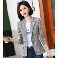 櫻芭妮格子小西裝外套女2025春秋新款修身顯瘦小個(gè)子休閑小西服長(cháng)袖上衣 8918杏格長(cháng)袖 L （99-108斤）