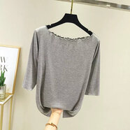 歌班婭女春秋莫代爾一字領(lǐng)內搭上衣修身七分袖T恤純色螺紋薄打底衫 灰色 L(-120斤)