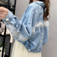 蘭威費雷春秋新款牛仔外套女韓版寬松蕾絲花邊短款小清新牛仔夾克上衣 淺藍色(697) S