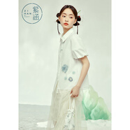 紫涵（ZIHAN）夏季網(wǎng)紗國風(fēng)襯衫東方少女水墨短袖小衫簡(jiǎn)約個(gè)性文藝 白色 S