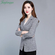 蘭威費雷春秋季新款薄款女士格子小西裝外套中年流行短款小西服潮 淺灰色 2XL 【2XL建議110-125斤內】