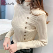 Radinka 2024秋冬新款加厚毛衣女套頭半高領(lǐng)打底衫韓版紐扣修身針織衫 杏色 L【建議105-115 斤】
