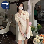 PMOG新款學院風杏色polo領連衣裙女裝夏季2024小個子初戀甜美別致裙子 杏色連衣裙 2XL 130-145斤左右