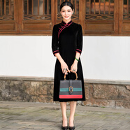 華族經(jīng)典改良旗袍中長(cháng)款秋冬新款黑色修身金絲絨A字版連衣裙 黑色 - XL