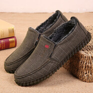 布瑞京冬季男棉鞋老北京布鞋加絨保暖亞麻布面牛筋底大碼爸爸休閑二棉鞋 咖色 41