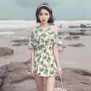 佑游女士游泳衣新款ins風(fēng)純欲連體衣裙性感顯瘦遮肚保守泡溫泉泳裝 白色花(青春顯活力 突顯小蠻腰) L（建議95-106斤）