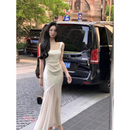 YIOU白色U領(lǐng)吊帶禮服女夏季薄款氣質(zhì)感魚尾長(zhǎng)款連衣裙 6799 米白 M